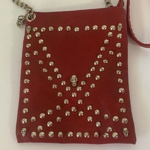 Seductions Skull Metal Studded Chain Straps Zippered Maroon Crossbody Bag Purse